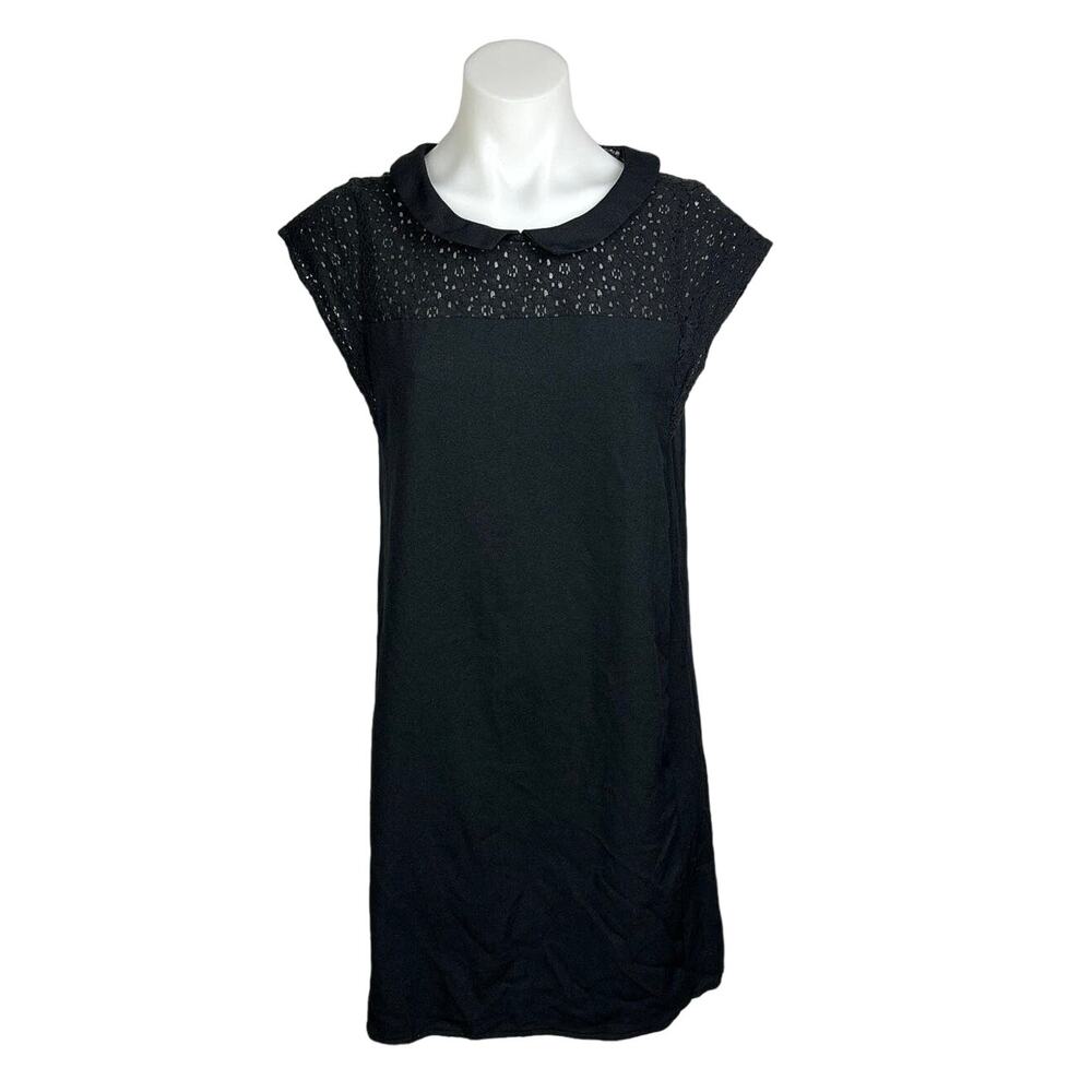 Monoprix Femme Black Cap Sleeve Floral Lace Eyelet Collared Mini Shift Dress 8